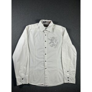 House of Lords Mens XXL White Rhinestone Lion Crest Button Up‎ Shirt Y2K